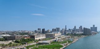 The lush 22-acre Ralph C. Wilson Centennial Park was once the site of the Detroit Free Press printing plant, before it was bought by the Detroit Riverfront Conservancy in 2007.