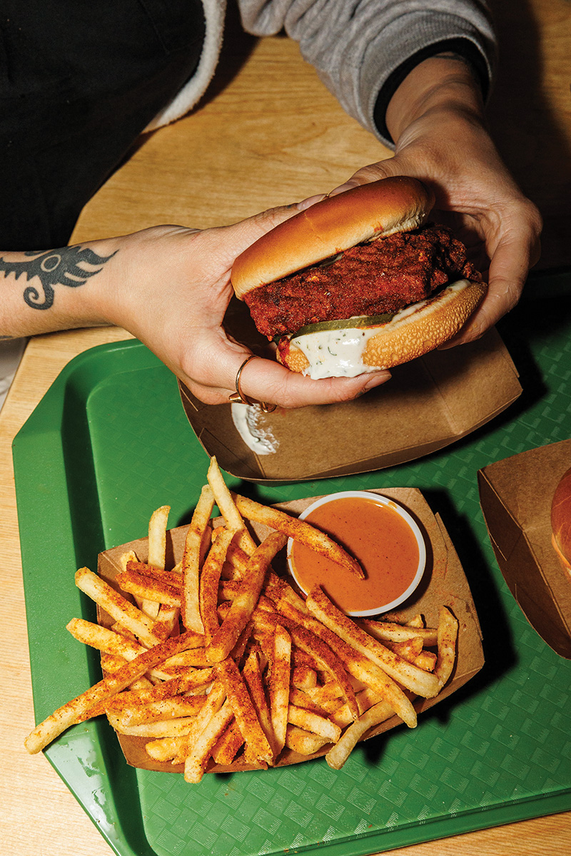 A hot chicken sandwich and fries from Street Beet