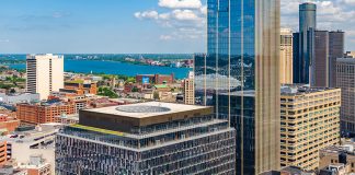 With shimmering glass facades, Hudson’s Detroit offers more than 21 million square feet of office, retail, and living space.