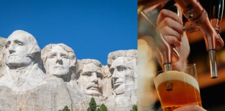 The Carved Busts of George Washington, Thomas Jefferson, Theodore “Teddy” Roosevelt, and Abraham Lincoln at Mount Rushmore National Monument; barman pouring beer while standing in pub.