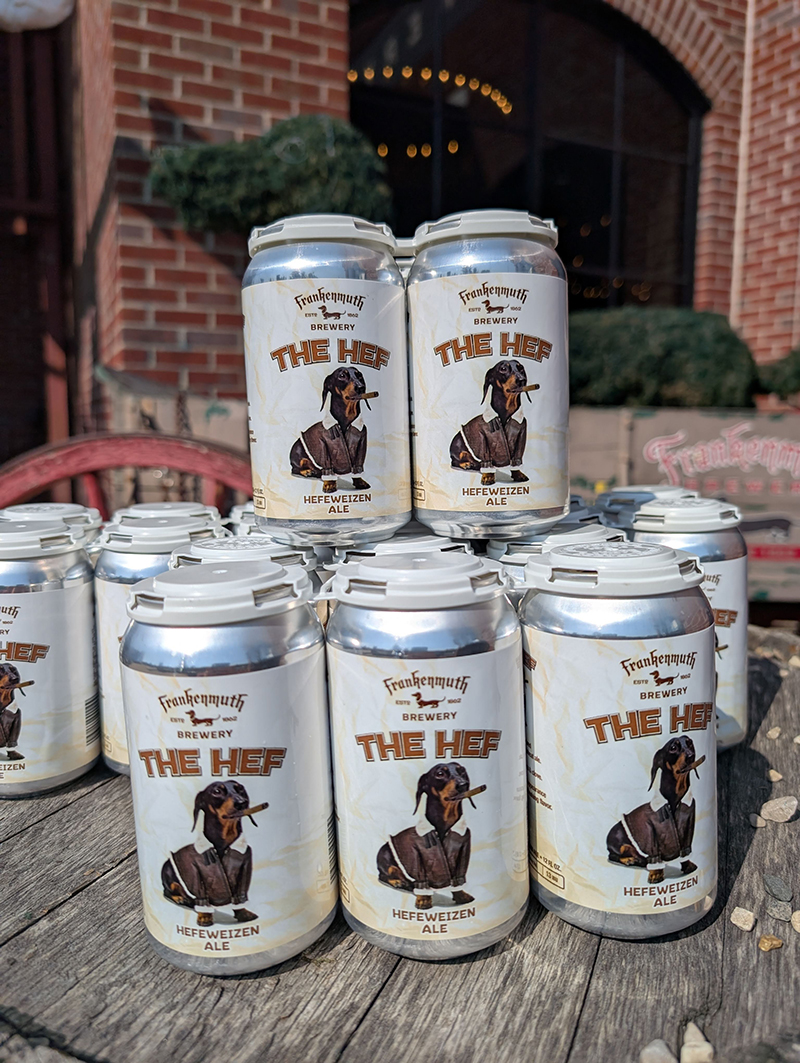 A stack of 4-packs of Frankenmuth Brewery's The Hef