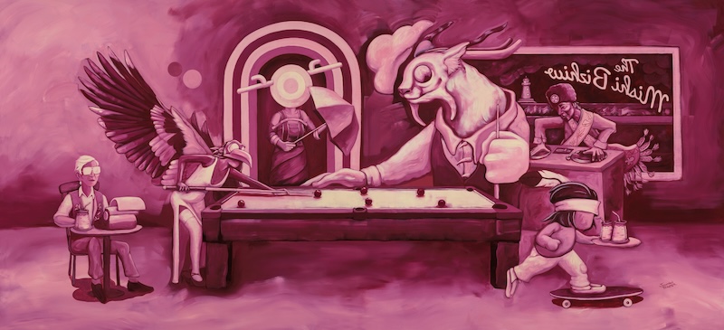 A pink painting shows a thunder being playing pool with a Mishibiziw (underwater panther) at a bar called The Mishi Bizhiw. A a DJ wearing bandoiler bags and an otter fur hat spins records. To the left, writer Basil Johnson sits at a desk with a typewriter. An Indigenous child pushes a skateboard, carrying two drinks on a tray. Another figure behind the pool table holds an umbrella. The piece is on display at the DIA's Contemporary Anishinaabe Art: A Continuation
