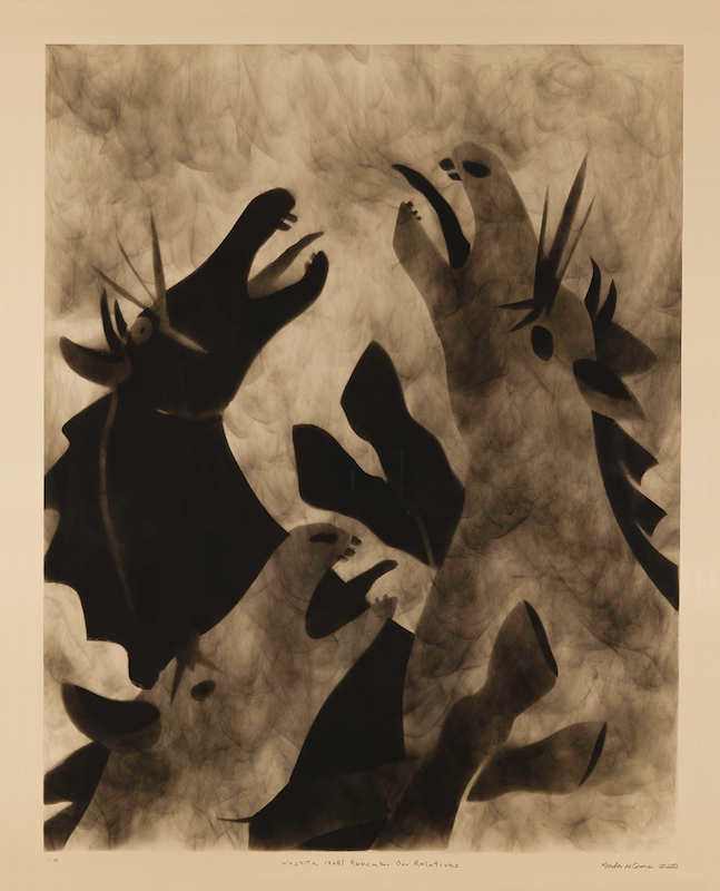 A sepia-toned painting of three horses screaming, on display at the DIA's Contemporary Anishinaabe Art: A Continuation