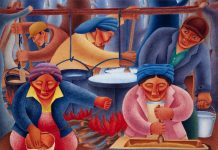 A Look at the DIA’s Contemporary Anishinaabe Art Exhibition A painting shows five Indigenous people prepare maple sugar in Patrick Desjarlait's Maple Sugar Time displayed at the Detroit Institute of Arts