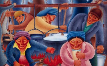 A painting shows five Indigenous people prepare maple sugar in Patrick Desjarlait's Maple Sugar Time displayed at the Detroit Institute of Arts