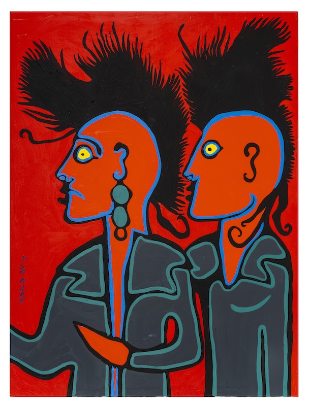 Norval Morriseau's painting shows two people with leather jackets and Mohawks, on display at the DIA's Contemporary Anishinaabe Art: A Continuation