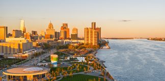 Aerial view of Ralph C. Wilson, Jr. Centennial Park in downtown Detroit.