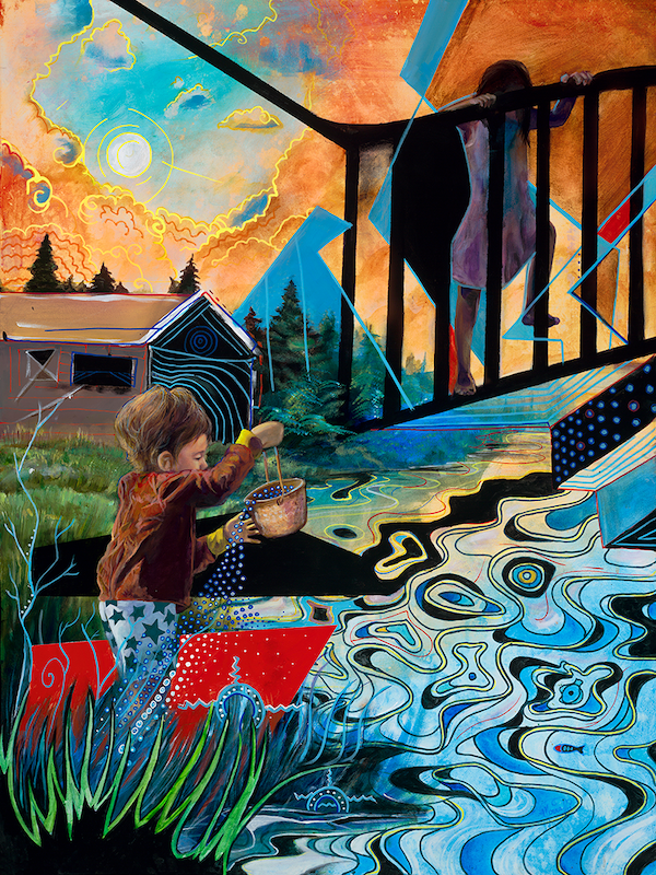 Two children: a boy spilling water from a bucket, and a girl holding onto a railing, with the backdrop of a house, a cloudy sky, abstract water, and other patterns, on display at the DIA's Contemporary Anishinaabe Art: A Continuation