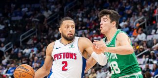 Cade Cunningham dribbling the ball down the court.