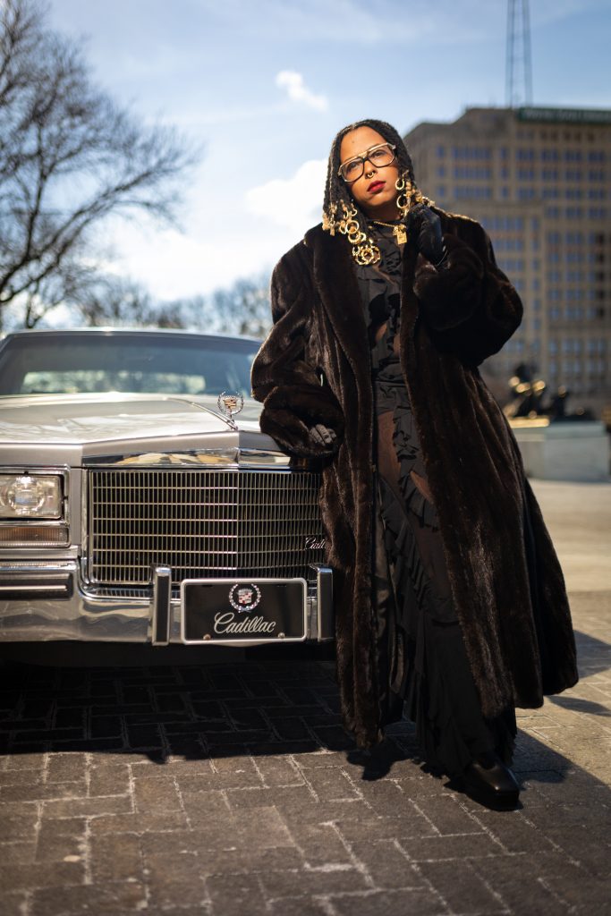 Tiff Massey poses in front of the DIA, where her “Baby Bling” (2023) installation will be on display permanently.