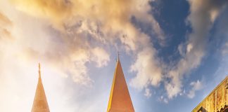 Bridge leading across moat to Corvin Castle in hunedoara at dawn