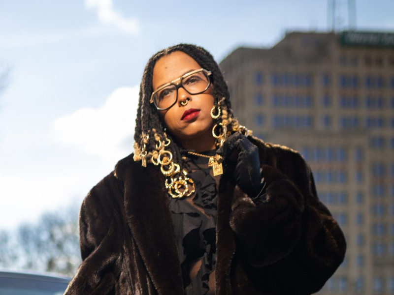 Tiff Massey poses in front of the DIA, where her “Baby Bling” (2023) installation will be on display permanently.