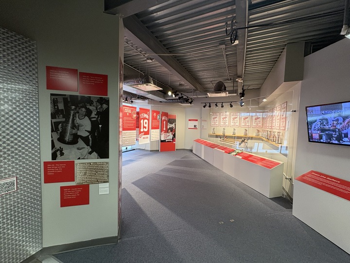A view of the "Becoming Hockeytown: Detroit Red Wings at 100" exhibit at the Detroit Historical Museum.