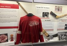A display of an earlier version of the Detroit Red Wings jersey.