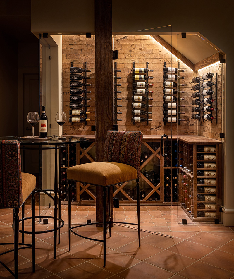 The wall behind the bar features cork tiles.
