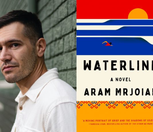 Press photo of Aram Mrjoian; cover of the book 'Waterline'