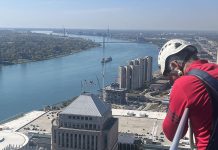 View while cleaning windows on high-rise buildings.