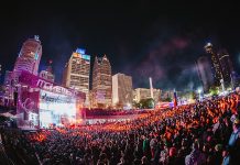 Wide view of the Movement Festival at night in downtown Detroit.
