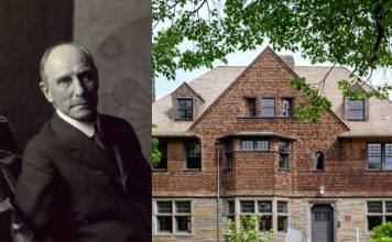 Charles Lang Freer, photographed in 1916.; The limestone and shingle exterior of the Freer House stand out on E. Ferry Street.