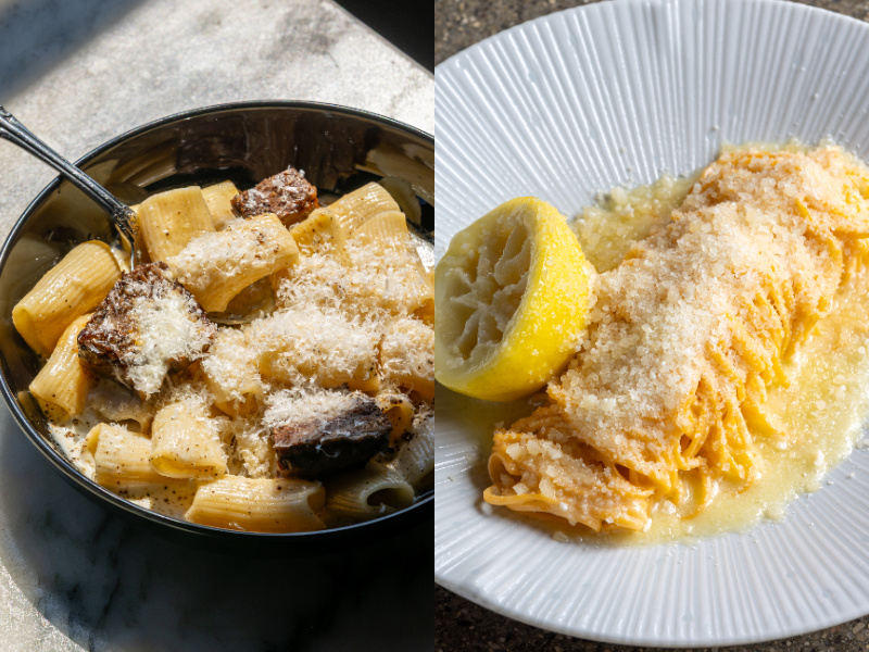 Rigatoni with Braised Short Rib and Parmesan Crema at Bar Gabi; Capellini al Limone at Ladder 4