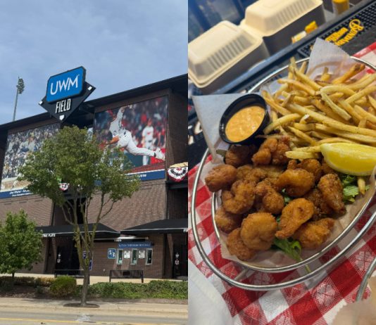 Exterior of UWM Field in Utica, alongside their Shrimp Basket