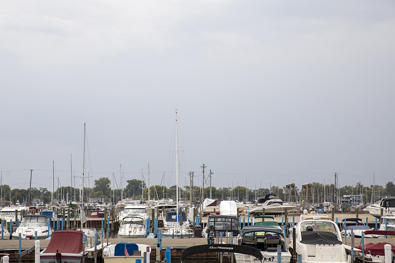 Boats docked in a marina on Lake St. Clair.